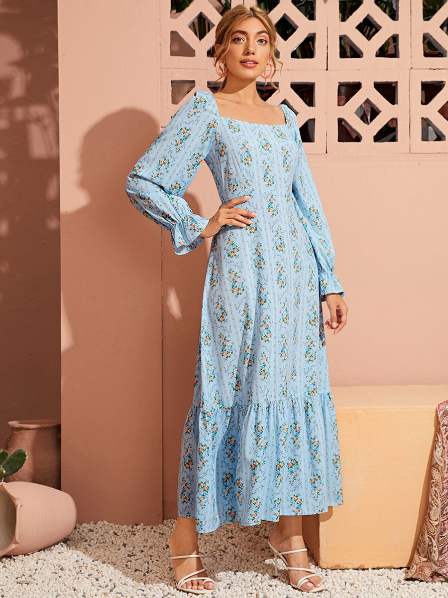 Vestido largo de poliéster con cuello cuadrado y estampado floral de