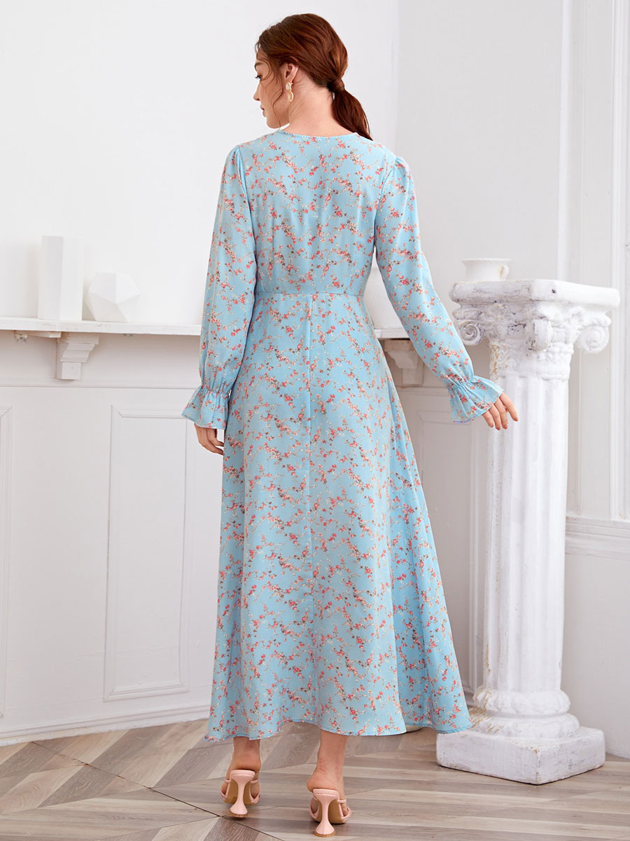 Women Baby Blue Maxi Dresses Long Sleeves Floral Print V Neck Olyester