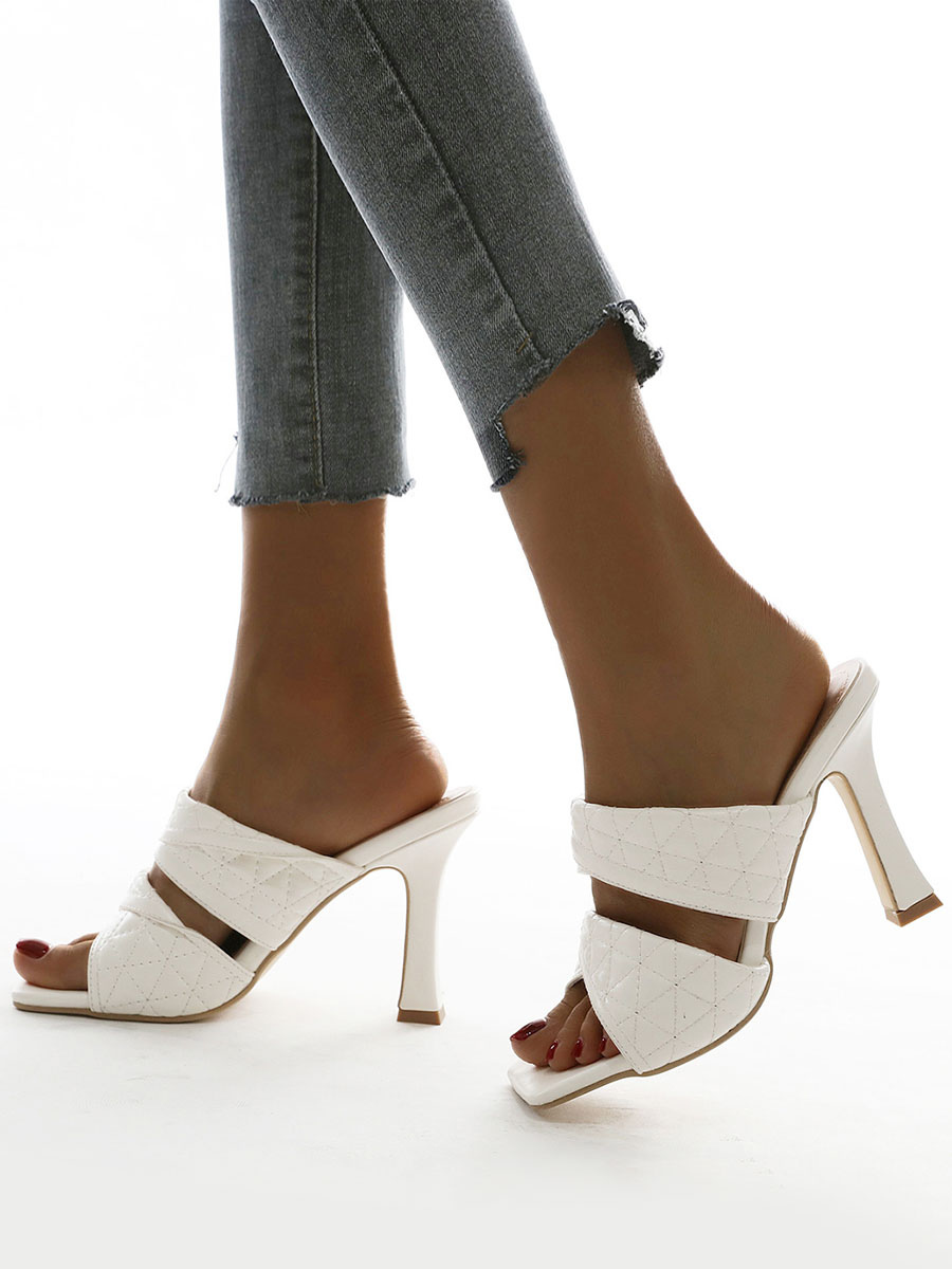 Women White Heel Sandal Slippers Square Toe Chunky Heel PU Leather