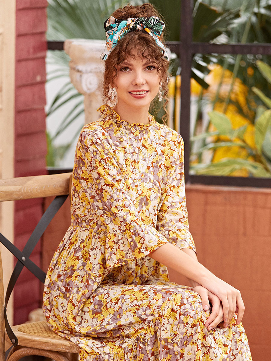 VERWIN Abito Lungo Donna A Vita Alta Con Stampa: Maxi Abito A Maniche Corte, Plissettato, Elegante Per Feste E Ufficio (Taglie M-2XL)