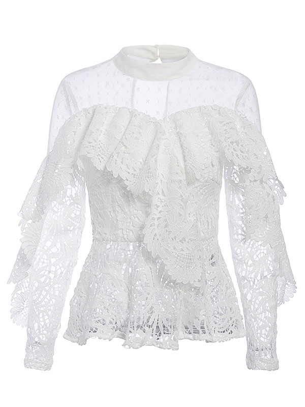 Women Blouse White Long Sleeves Polyester Jewel Neck Lace Sheer Ruffles ...