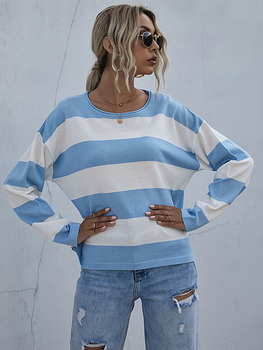 Pre-Order Orange Knitted Pullover Drop Shoulder Long Sleeve Striped Sweater