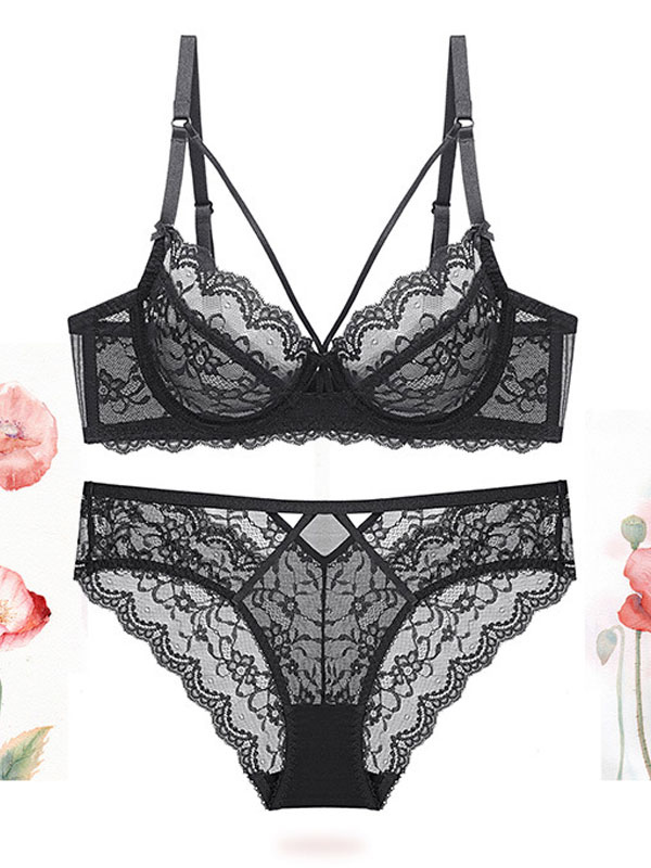 Women Bras Pink Lace Sheer Bra Panty Two Piece Set Sexy Lingerie ...