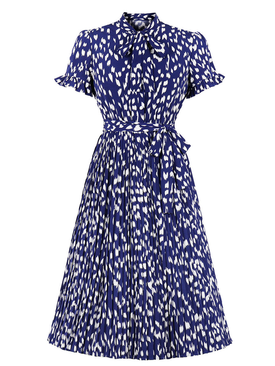 Moda Mujer Vestidos | Vestido vintage azul para mujer Vestido a media pierna con cuello vuelto de los años 50 y manga corta con estampado floral medio Vestido Rockabilly - YW03584