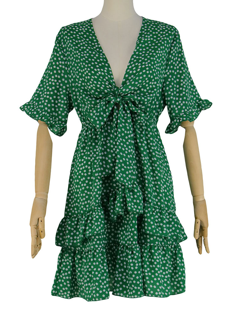 Women Summer Dress Green V-Neck Lace Up Floral Print Polyester Beach ...