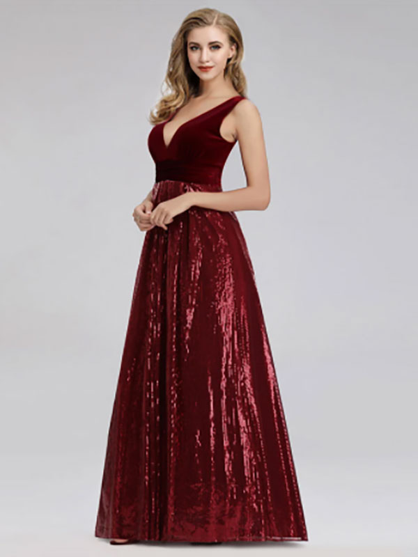 Prom Dress Burgundy Velour V Neck A Line Sleeveless Party Dresses ...