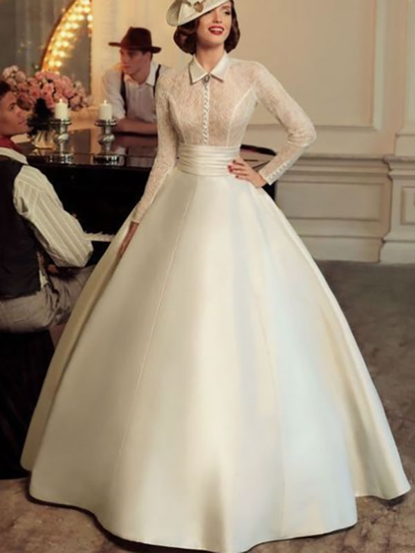 Mariage Robes de mariée | Robe de mariée vintage robe mariage rétro manche longue transparente jupe en satin au sol - KQ57348