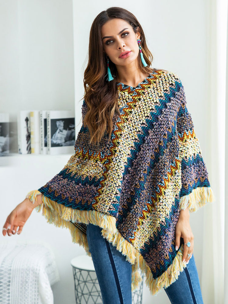 Women Poncho Yellow Asymmetrical Crochet Long Sleeve Casual Sweater ...