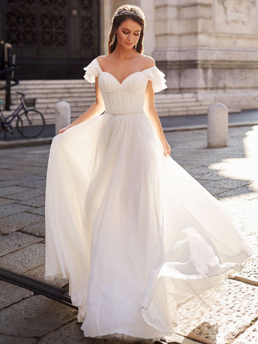 Boda Vestidos de novia | Vestido de novia simple Una línea de la cintura natural de la cintura del hombro. - GJ29753