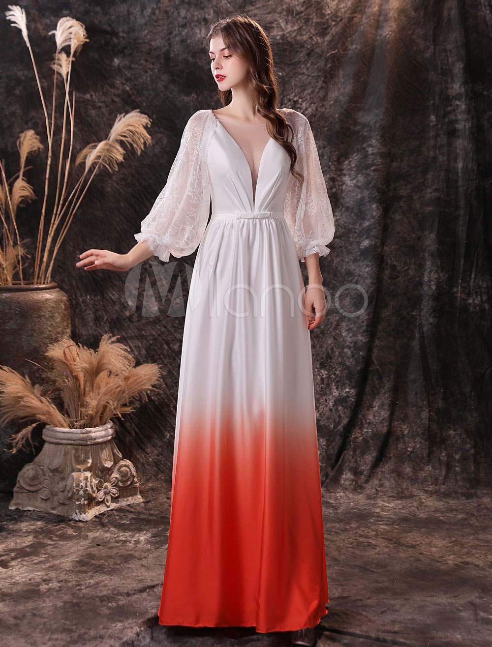 イブニングドレスオレンジレッドaラインジュエルネックフロアレングス3 4レングススリーブレースアップレースシフォンフォーマルパーティードレスページェント ドレス Milanoo Jp