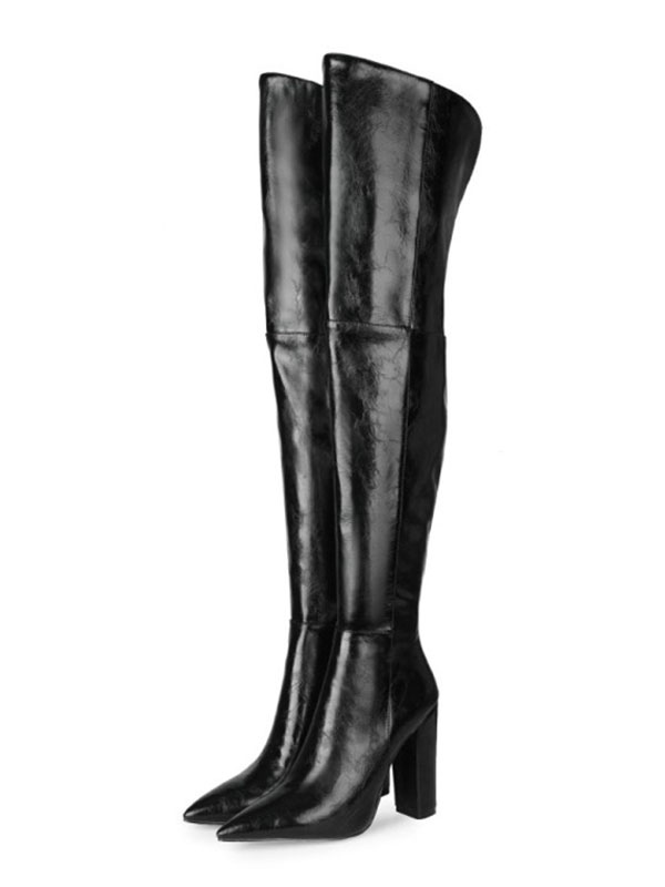 Zapatos de Mujer | Botas sobre la rodilla para mujer Botas de tacón grueso de cuero PU con punta puntiaguda negra - OU52701