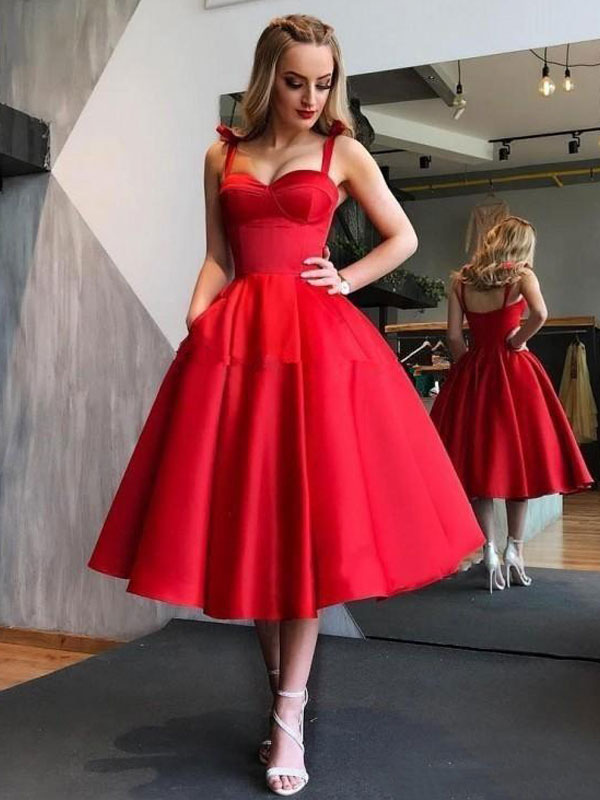 Boda Vestidos de novia | Vestido de novia vintage Vestidos de novia rojos de los años 50 Vestidos de novia plisados con tirantes - NC60686
