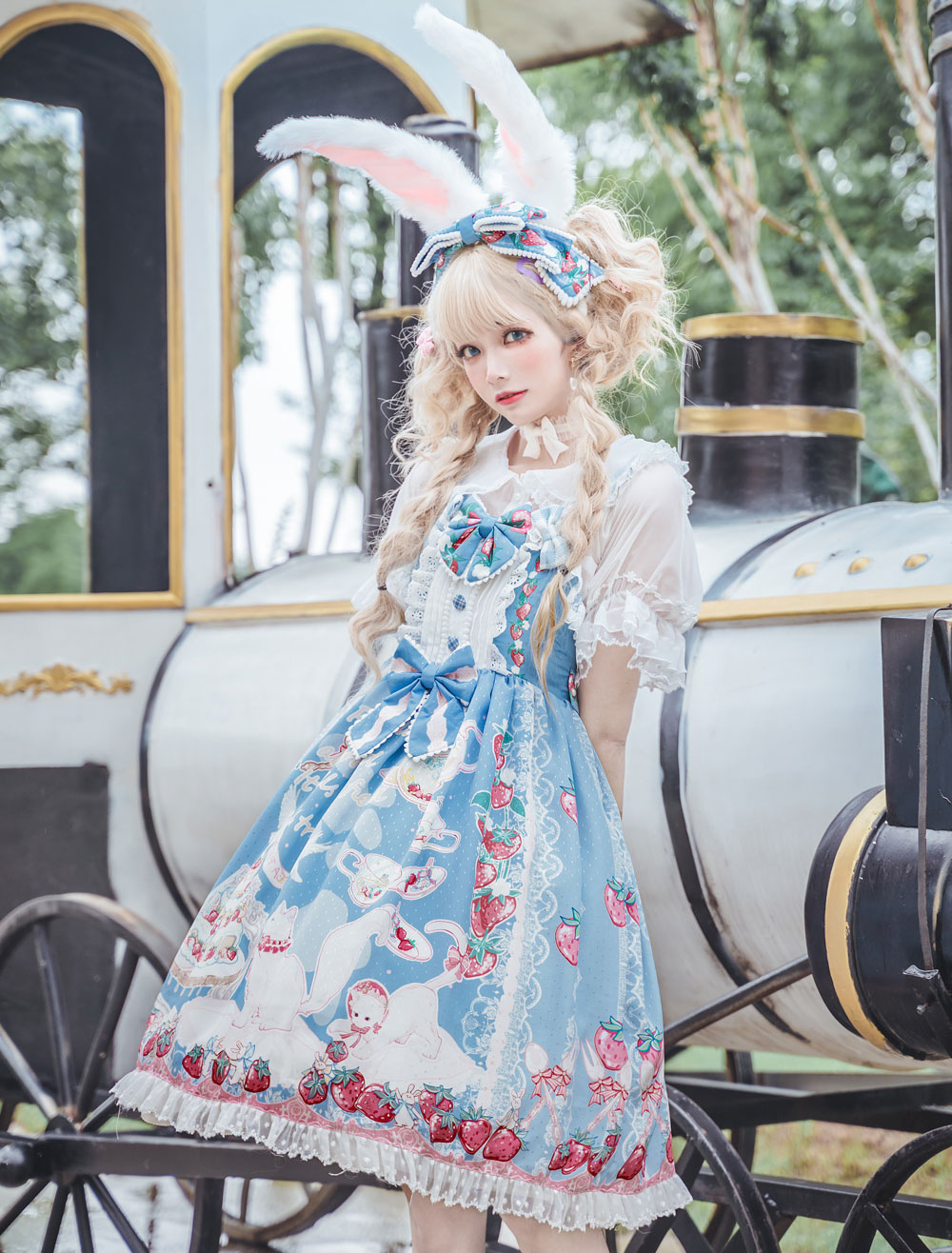 甘いロリータjskドレス ブルー ポリエステル ノースリーブ レース 不思議の国のアリス ロリータジャンパースカート Milanoo Jp