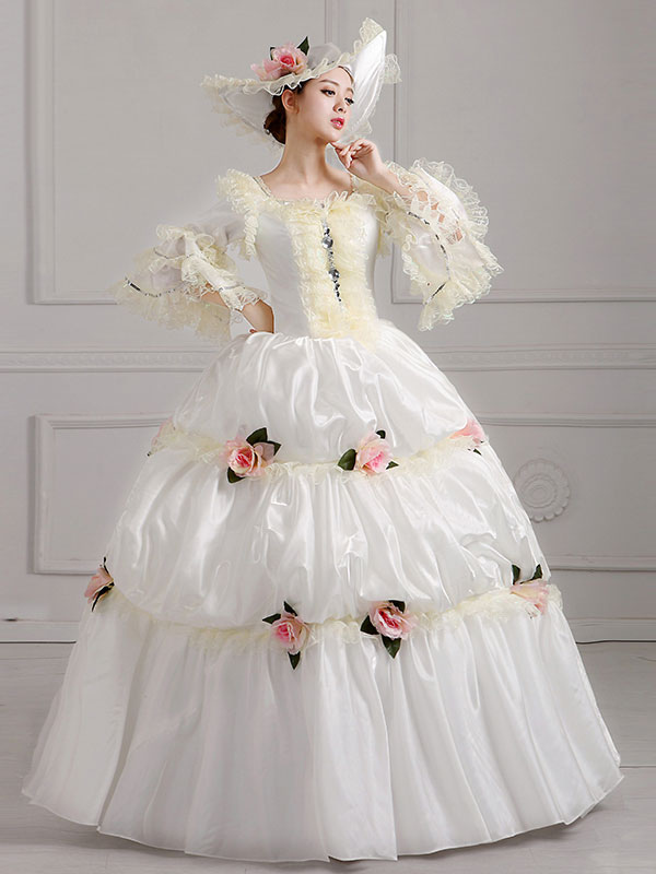 18世紀のレトロな衣装白い刺繡マリーアントワネットポリエステル帽子ドレス衣装セット Milanoo Jp