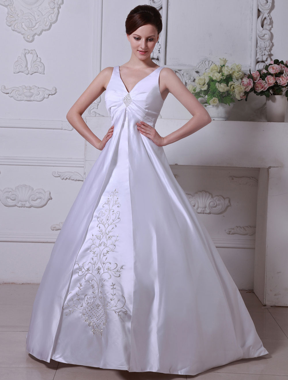 White Wedding Dresses V Neck Satin Bridal Gown A Line Lace Embroidered ...