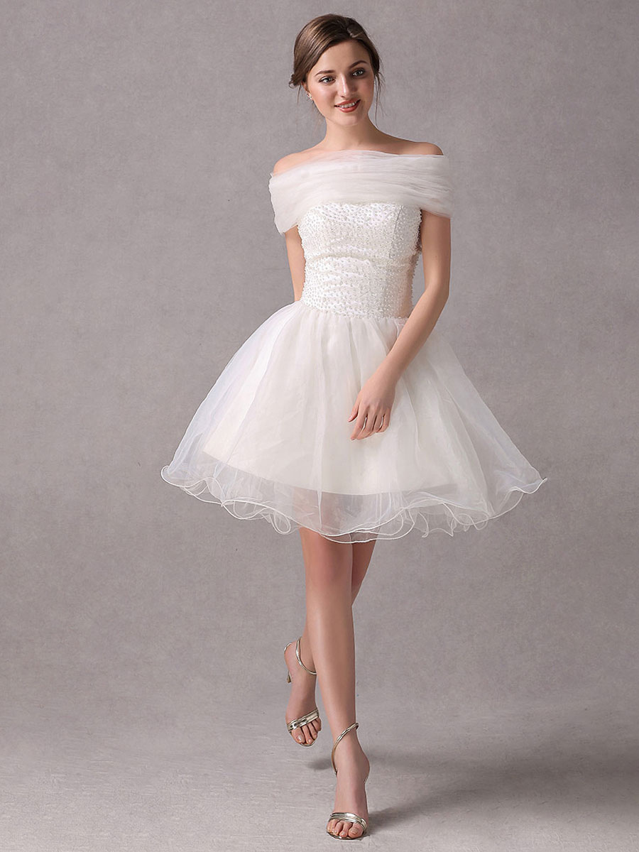 Boda Vestidos de novia | Vestido de novia de organdí de color marfil sin tirantes de estilo moderno Milanoo - QE26306