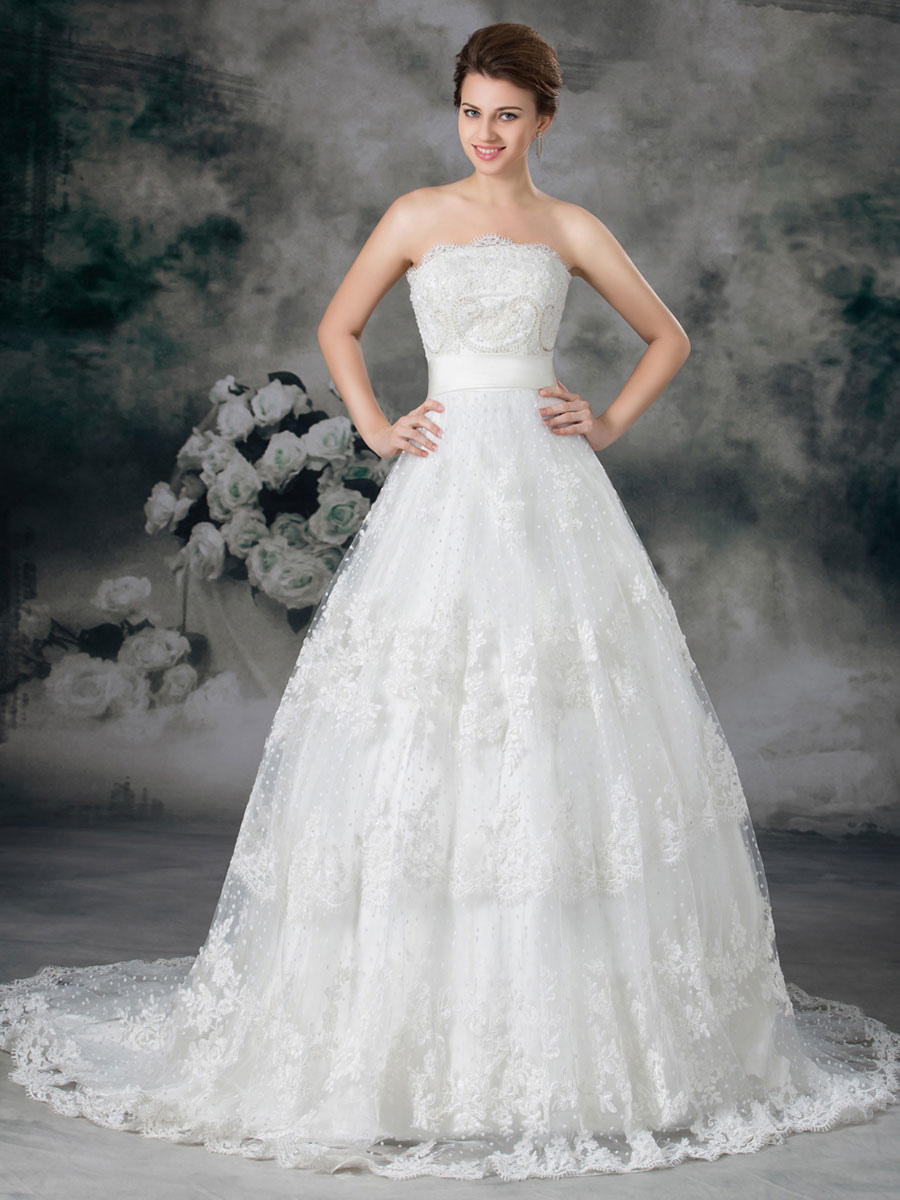 Mariage Robes de mariée | Robe de mariage charmante boule blanche en tulle bustier à traîne courte - ZT82680