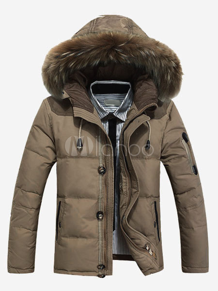 Khaki Quilted Overcoat Furry Hood Polyester Overcoat Khaki Winter Down ...