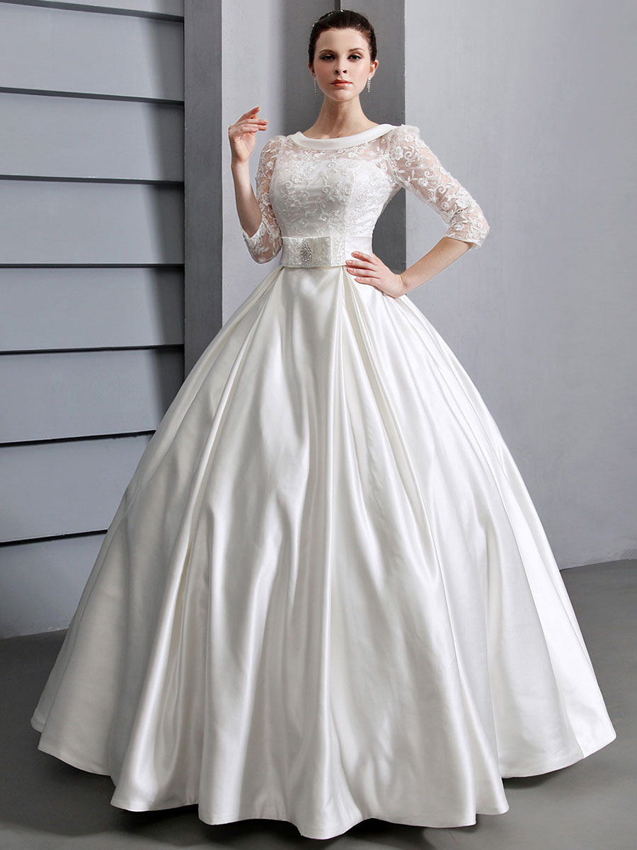 Boda Vestidos de novia | Vestido de novia de satén de color marfil con escote redondo Milanoo - FU74291