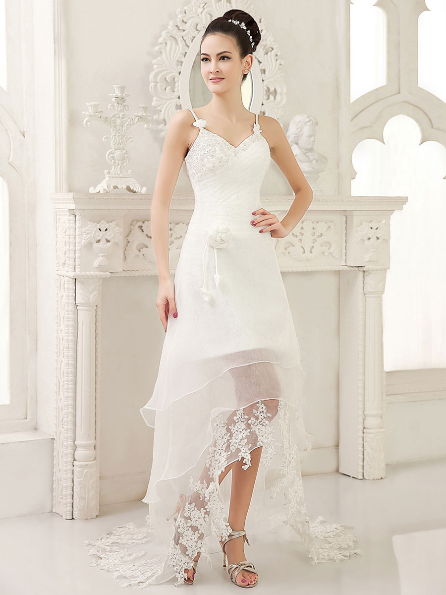 Boda Vestidos de novia | Vestido de novia de organza con escote en corazón y capas de cola asimétrica Milanoo - HI13468