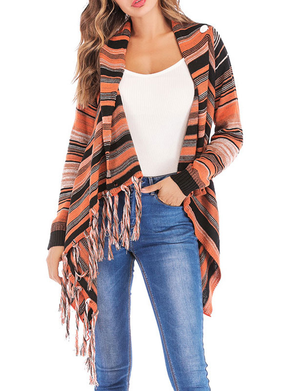 Long Cardigan Sweater Long Sleeve Fringe Stripe Asymmetrical Trim Knitted Jacket For Women Milanoo Com