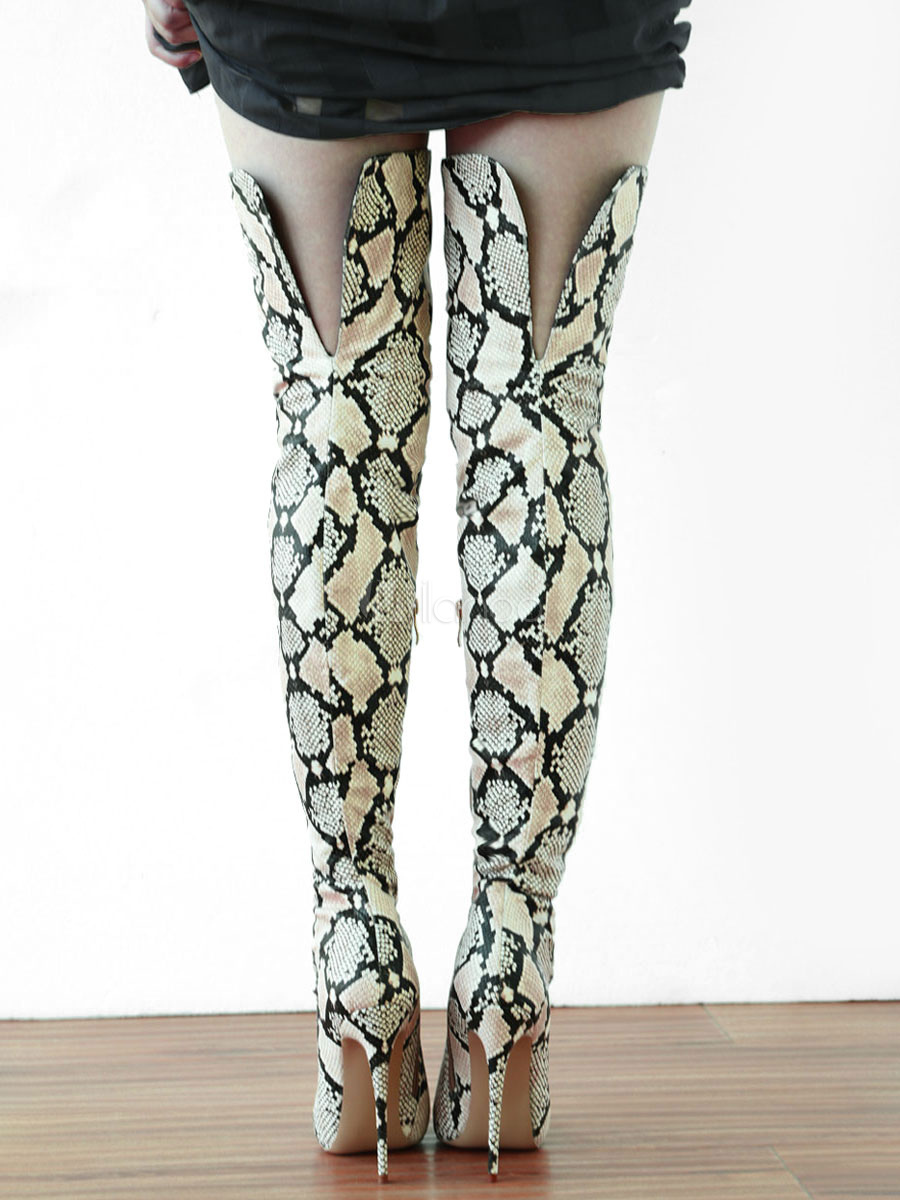 snake print thigh high boots