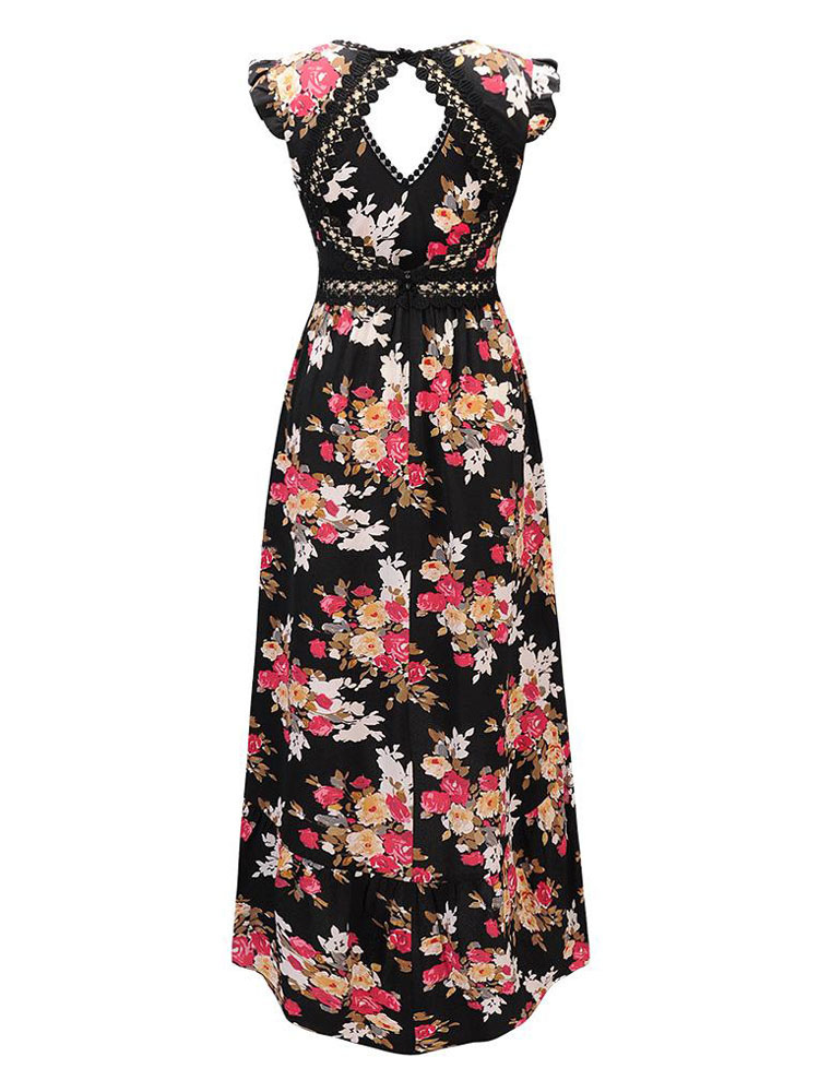 Women's Clothing Dresses | Floral Print Maxi Dress V Neck Backless High Low Split Long Summer Dress - TI47878