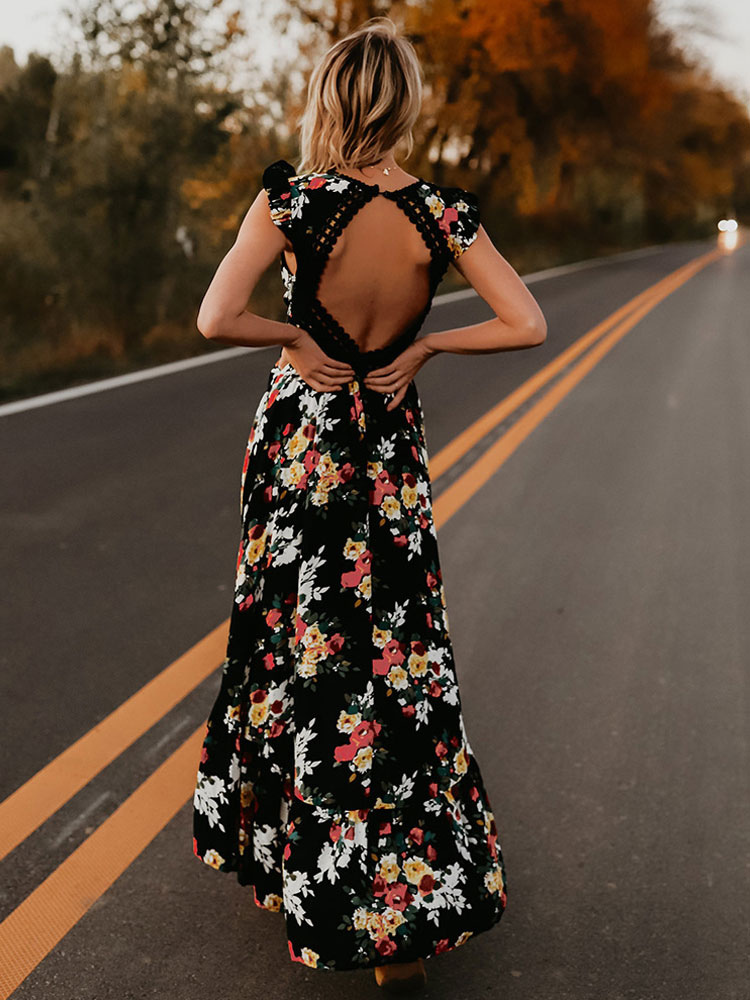 Women's Clothing Dresses | Floral Print Maxi Dress V Neck Backless High Low Split Long Summer Dress - TI47878