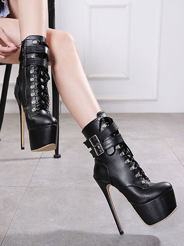 Womens Platform Stiletto Heel Mid Calf Boots In Black 4885