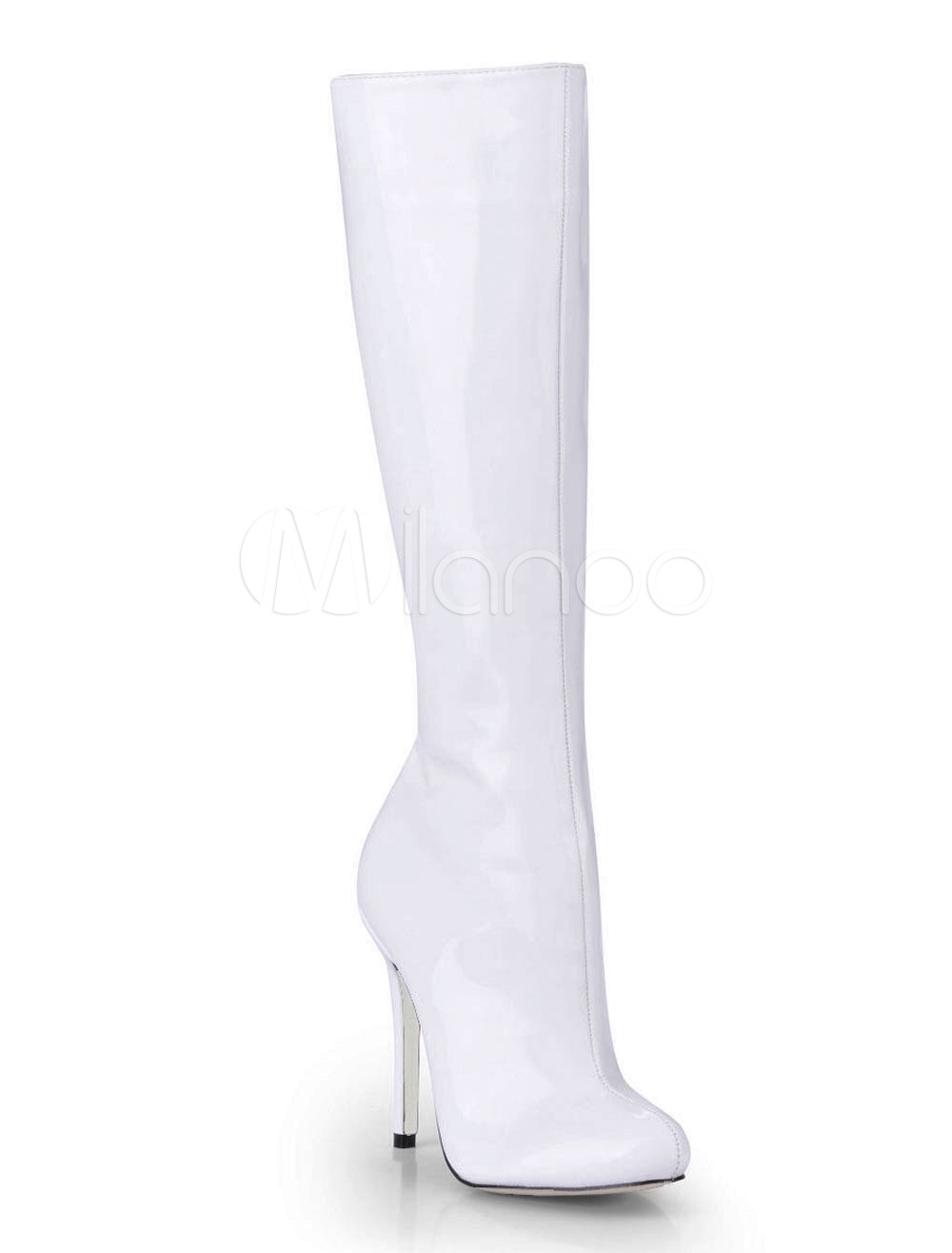 white patent leather knee high boots