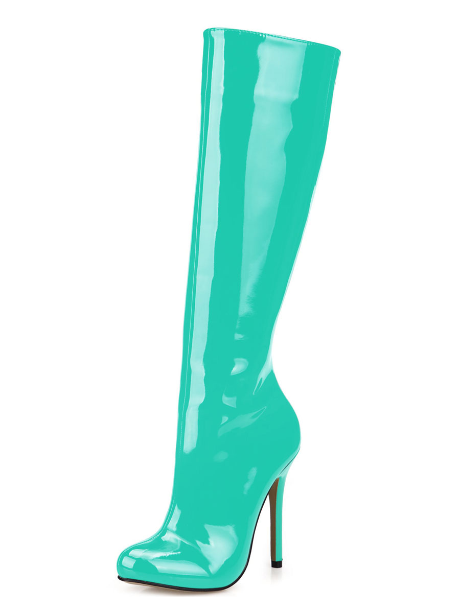 White Knee High Boots Pointed Toe Zip Up Patent Leather High Heel Boots ...