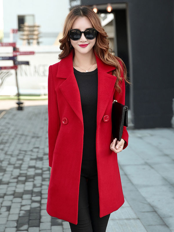 Women's Clothing Outerwear | Red Wool Coat Notch Collar Long Sleeve Winter Coats For Women Cozy Active Outerwear - ZA15788
