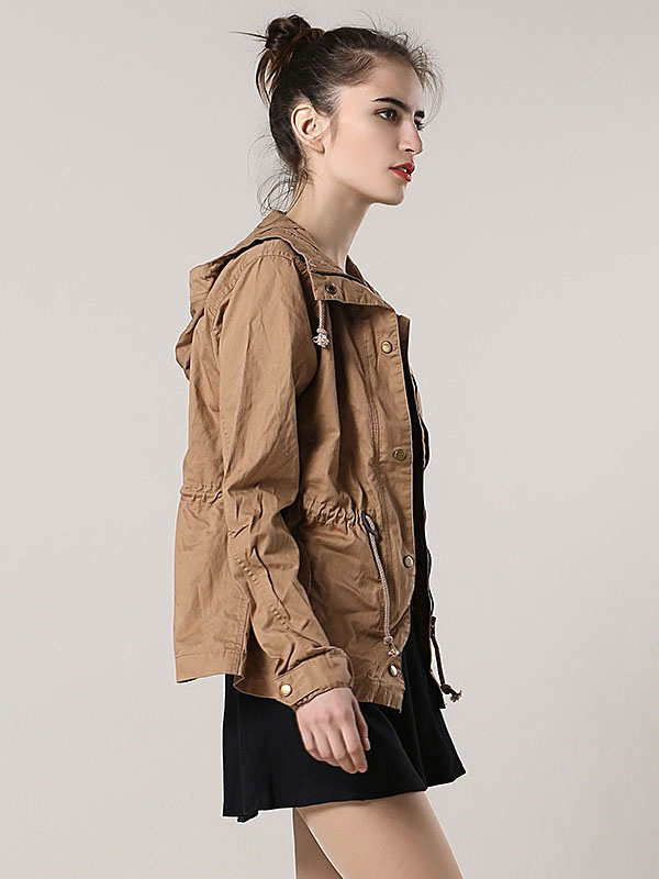Women Cotton Jacket Khaki Long Sleeve Hooded Drawstring Casual Coat - Milanoo.com