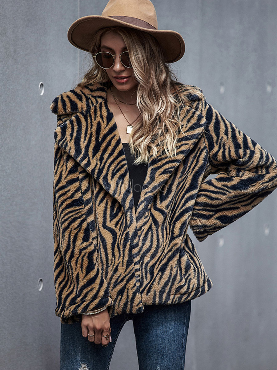 Women Faux Fur Coats Tiger Print Long Sleeves Turndown Collar Winter