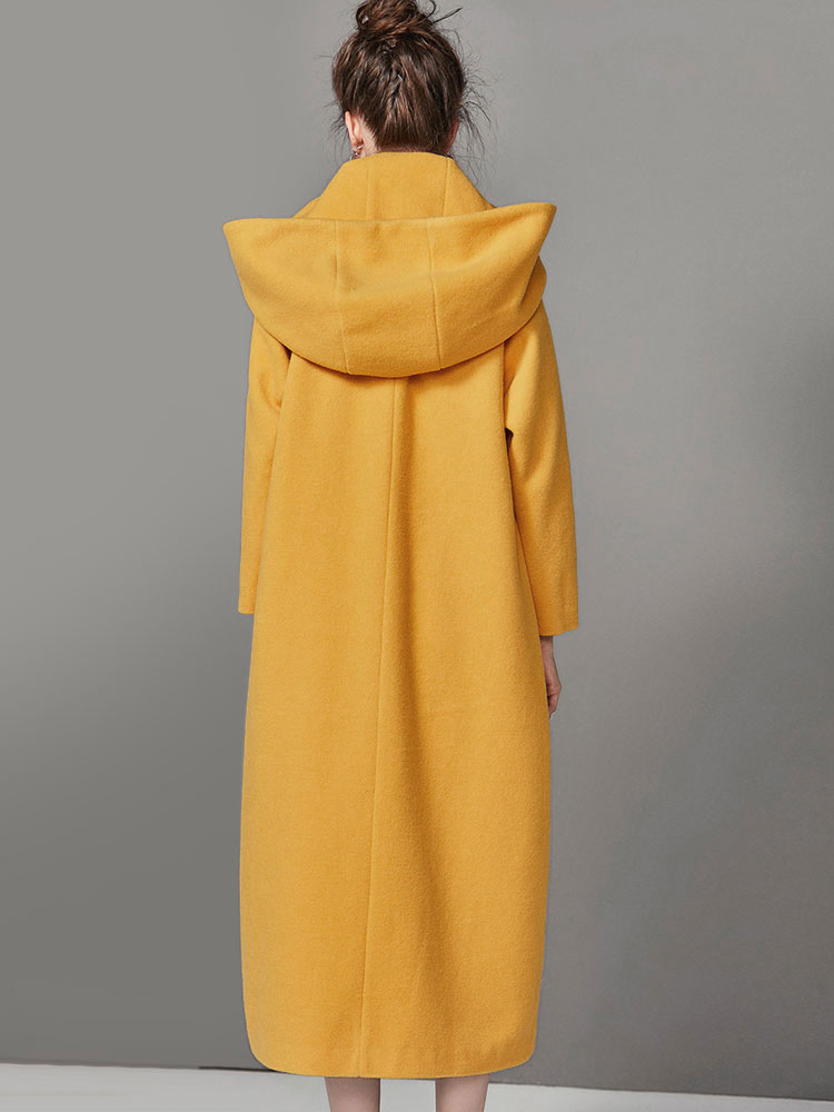 Women's Clothing Outerwear | Women Coat Yellow Oversized Long Sleeves Hooded Ribbon Tie Winter Cocoon Coat - WJ34838