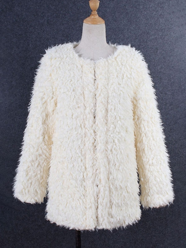 Faux Fur Coat White Jacket Women Long Sleeve Winter Coats - Milanoo.com