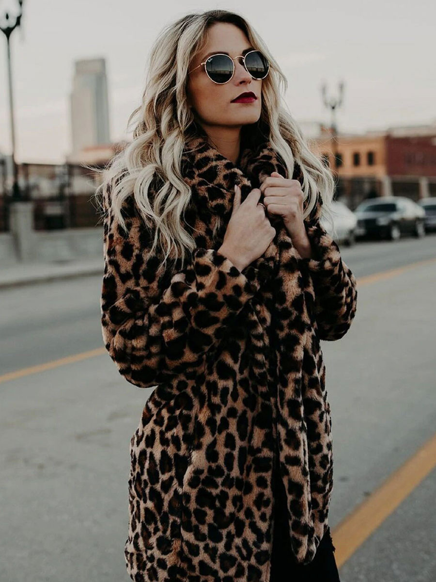 Women's Clothing Outerwear | Faux Fur Coats Leopard Long Sleeves Leopard Print Oversized Winter Coat - ZY07253