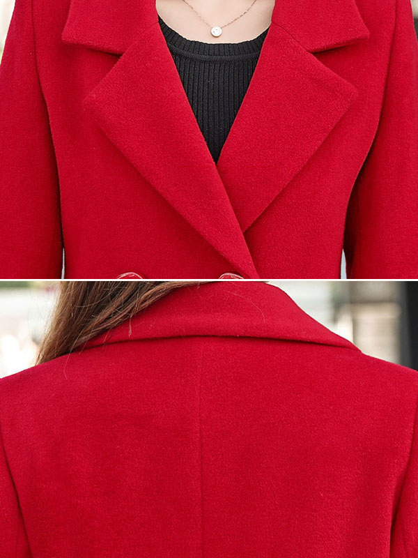 Women's Clothing Outerwear | Red Wool Coat Notch Collar Long Sleeve Winter Coats For Women Cozy Active Outerwear - ZA15788
