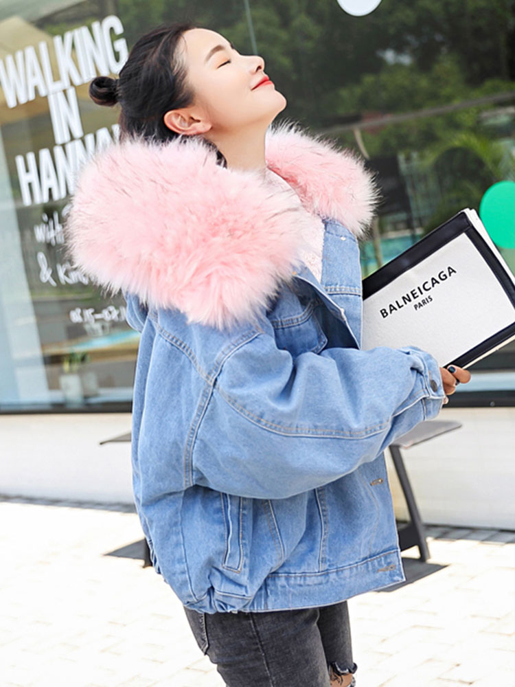 Women's Clothing Outerwear | Blue Denim Jacket Faux Fur Collar Hooded Jacket Oversized Winter Overcoat Cozy Active Outerwear - WD11582