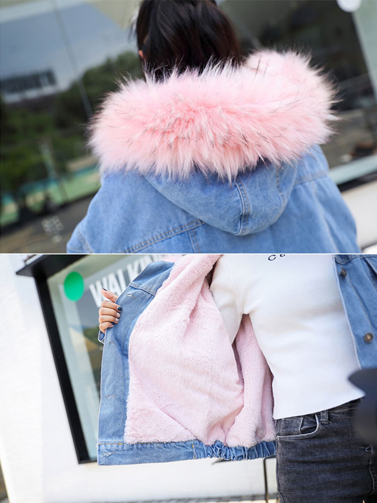 Women's Clothing Outerwear | Blue Denim Jacket Faux Fur Collar Hooded Jacket Oversized Winter Overcoat Cozy Active Outerwear - WD11582