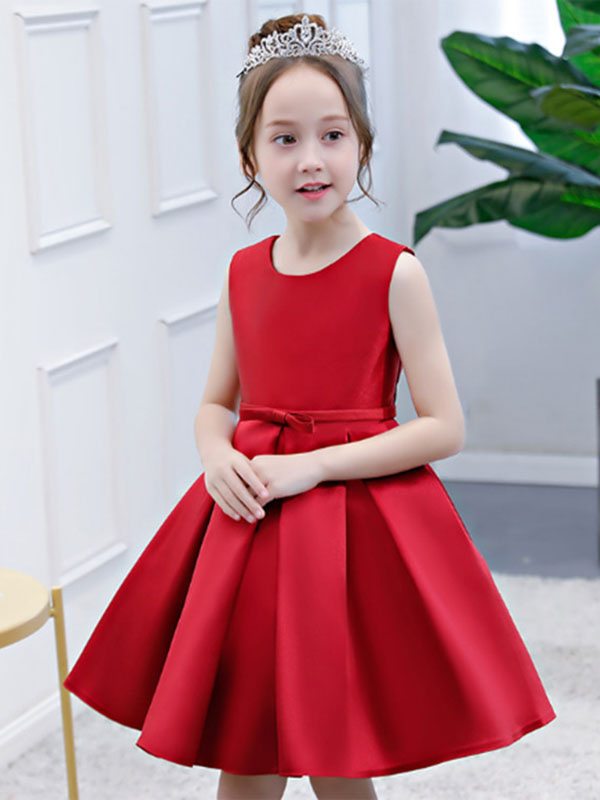 Satin Flower Girl Dress Toddlers Knee Length Dress Princess Sleeveless ...