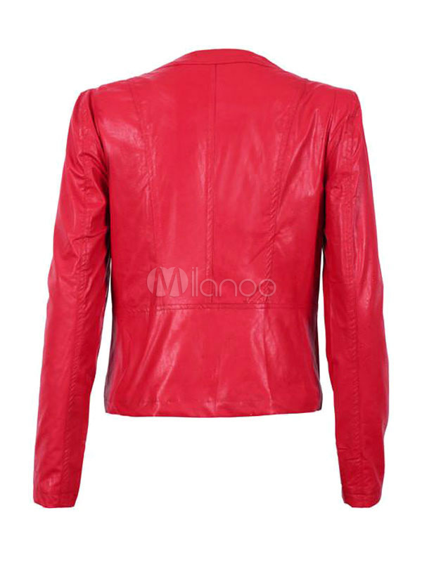 Red Leather Jacket Women Leather Coat Zippered Long Sleeve Motorcycle ...
