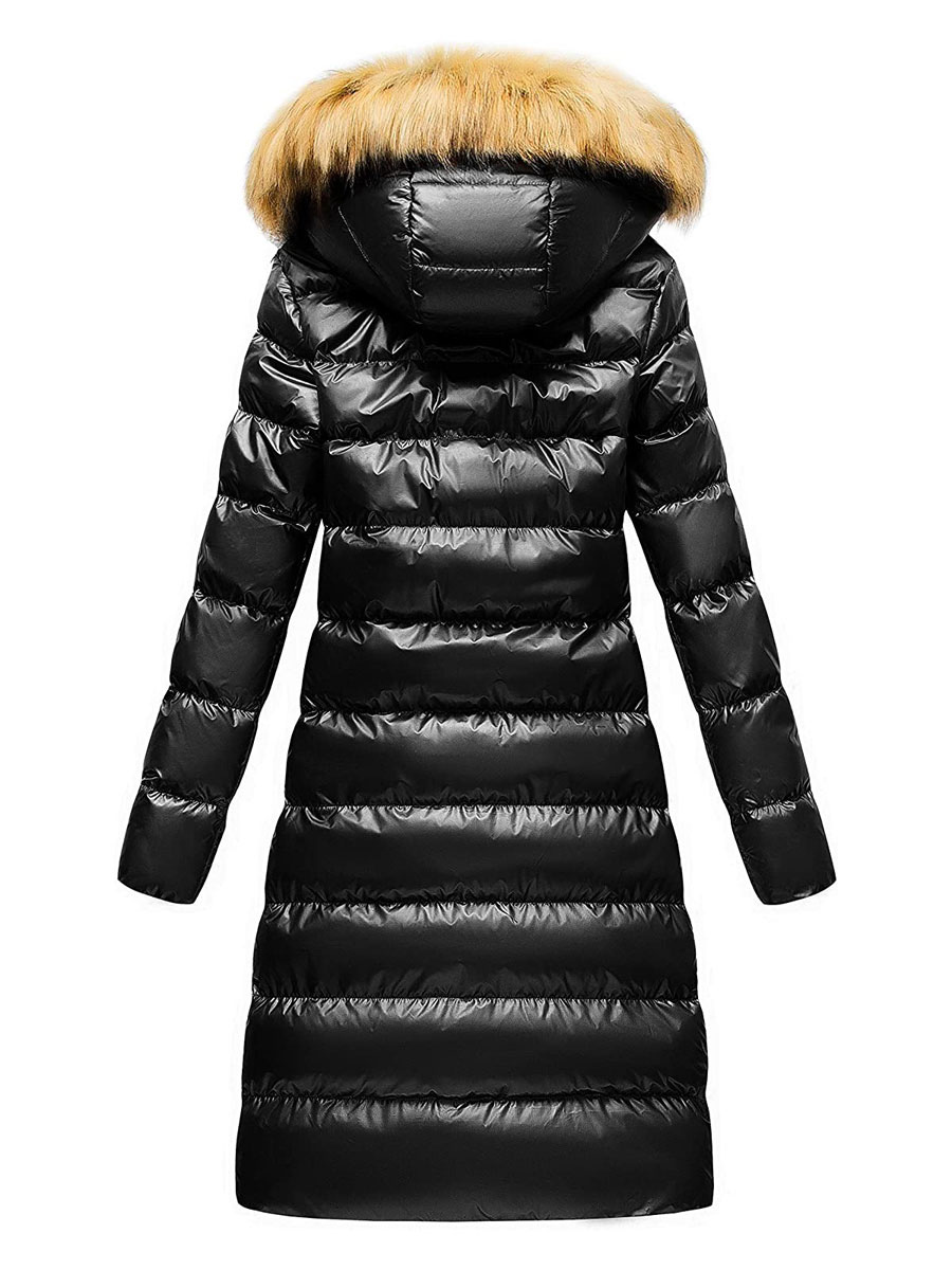 ladies black padded coat with fur hood