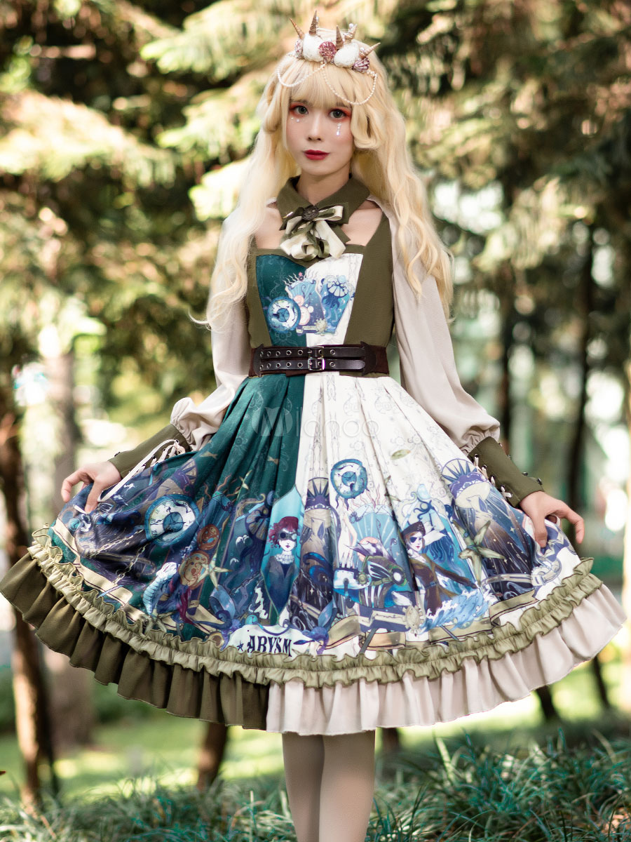 Lolita Op Dress Olive Long Sleeve Skirt Bows Lace Up Academic Lolita One Piece Dresses Milanoo Com