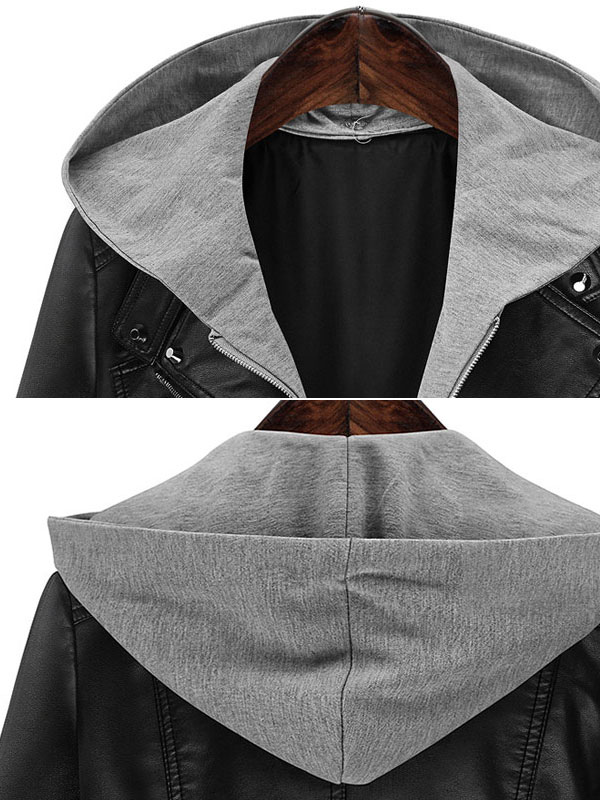 Women's Clothing Outerwear | Black Leather Jacket Plus Size Long Sleeve Hooded Patchwork Women Moto Jacket Cozy Active Outerwear - AT51806