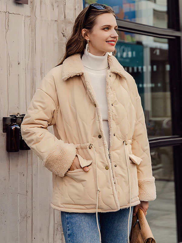 Womens Puffer Coats Apricot Warmth Preservation Turndown Collar Long Sleeves Outerwear