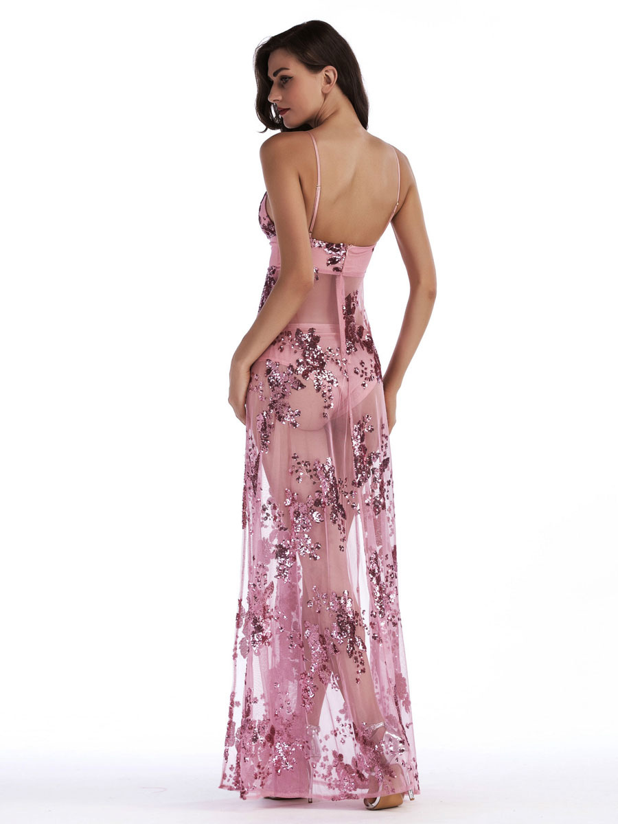 Women's Clothing Dresses | Women Maxi Dresses Pink Sleeveless Printed Straps Neck Split Front Bodycon Backless Polyester Long Dress - VP73865
