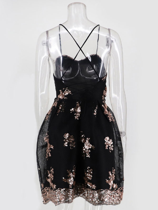 Women's Clothing Dresses | Women Skater Dresses Black Sleeveless Loral Printed Polyester Straps Neck Cami Dress Sequins Casual Fit And Flare Dress - UU93120