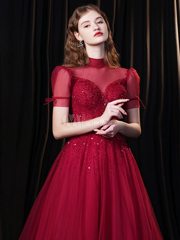 Abendkleid Burgunder ALinie High Collar Tüll Schnür Formale