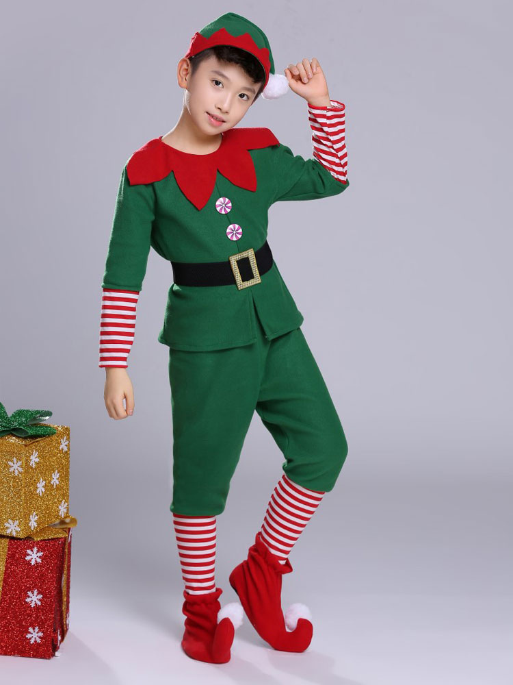 Conjunto de disfraces de Navidad para niños, conjunto tobilleras para calentador de verde, trajes de Navidad a rayas poliéster Costumeslive.com